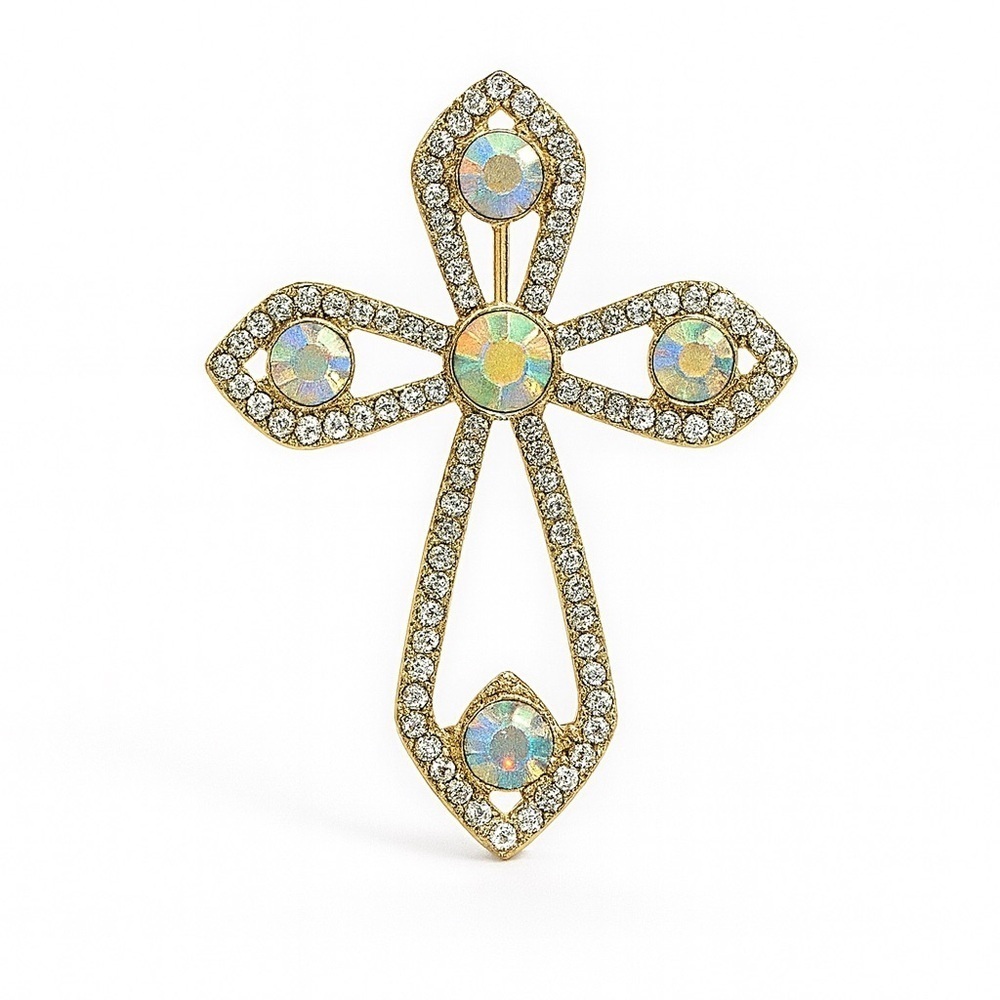 Gold and Crystal Cross Brooch
